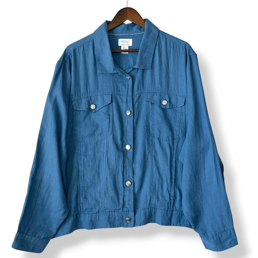 Jones & Co 100% Linen Jacket 3X Blue Snap Front Utility Pockets Coastal Plus